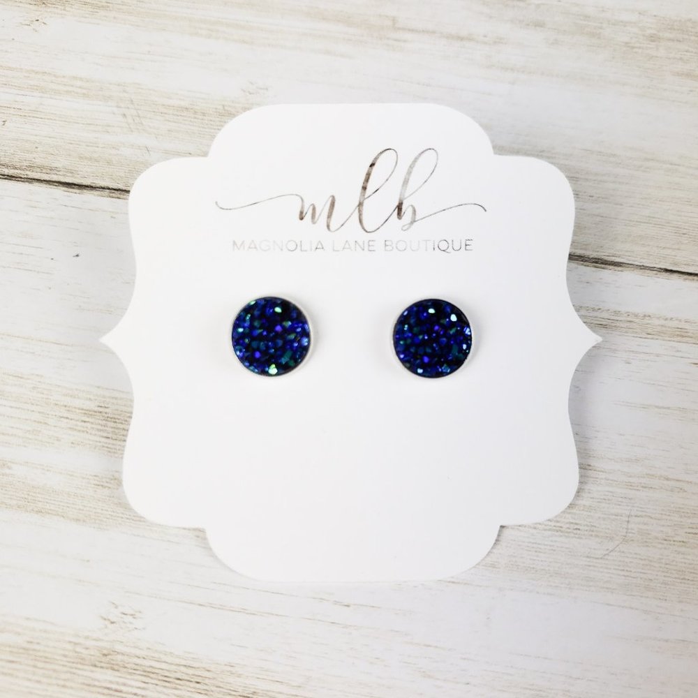 Druzy Stud Earrings - Deep Ocean on Silver